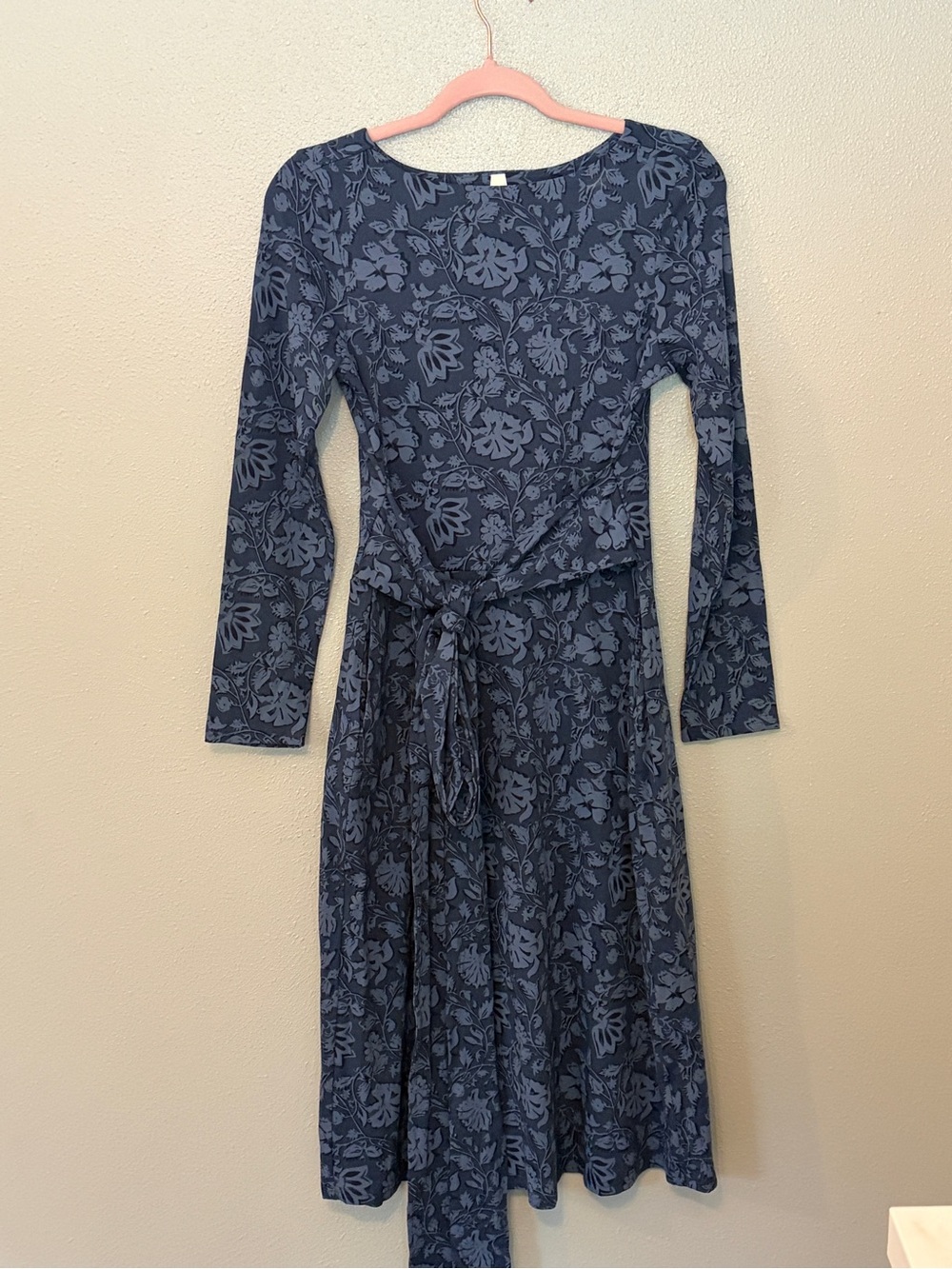 Pact Blue Long-Sleeve Tie-Waist Midi Dress with Subtle Print cotton neutral - Picture 2 of 11